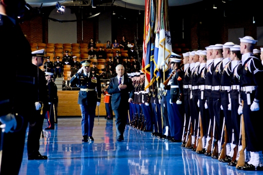 U.S. Secretary of Defense Chuck Hagel and the commander of the 3rd U.S. Infantry Regiment (The Old Guard), Col. Johnny Davis, render honors during Hagel’s farewell tribute at Conmy Hall on Joint Base Myer-Henderson Hall in Arlington, Va., Jan. 28, 2015. (U.S. Army photo by Staff Sgt. Laura Buchta/Released)