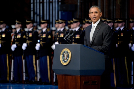 President of the United States Barack Obama speaks during U.S. Defense Secretary Chuck Hagel’s farewell tribute at Conmy Hall on Joint Base Myer-Henderson Hall in Arlington, Va., Jan. 28, 2015. (U.S. Army photo by Staff Sgt. Laura Buchta/Released)